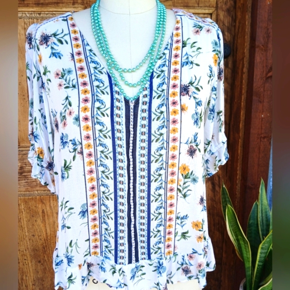LUCKY BRAND Floral Print White PEPLUM VISCOSE Top BLOUSE shirt Ruffle V Neck